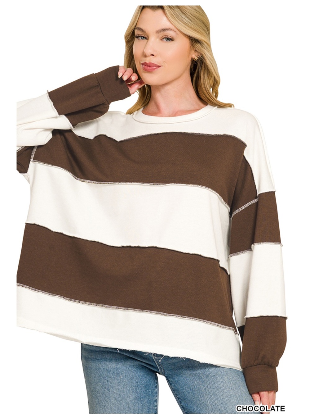 Zenana Chocolate French Terry Cotton Color block Top